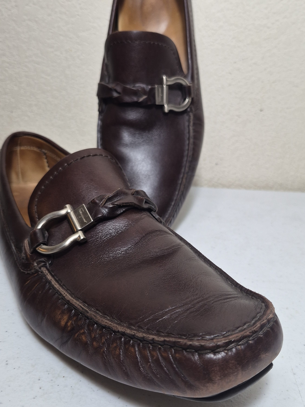 Salvatore Ferragamo Men’s BROWN Leather Loafers Pebbled Shoes Size 10.5 D US